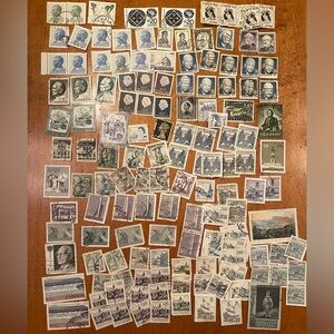 Vintage international & USA Postal Stamps - over 100 postmarked.Grays/neutral#1
